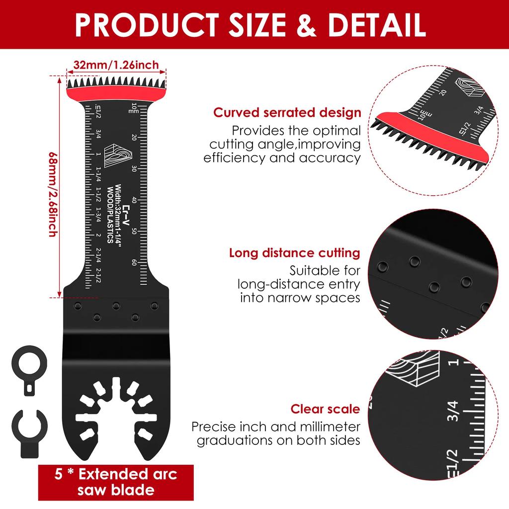 Tooth Oscillating Saw Blades Set Arc Edge Multi Tool Blades for Metal Wood Plastic Quick Release Long Reach Multi Tool Blades