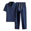 Men's Baggy Cotton Linen Pocket Solid Short Sleeve Retro T Shirts Top Pant 