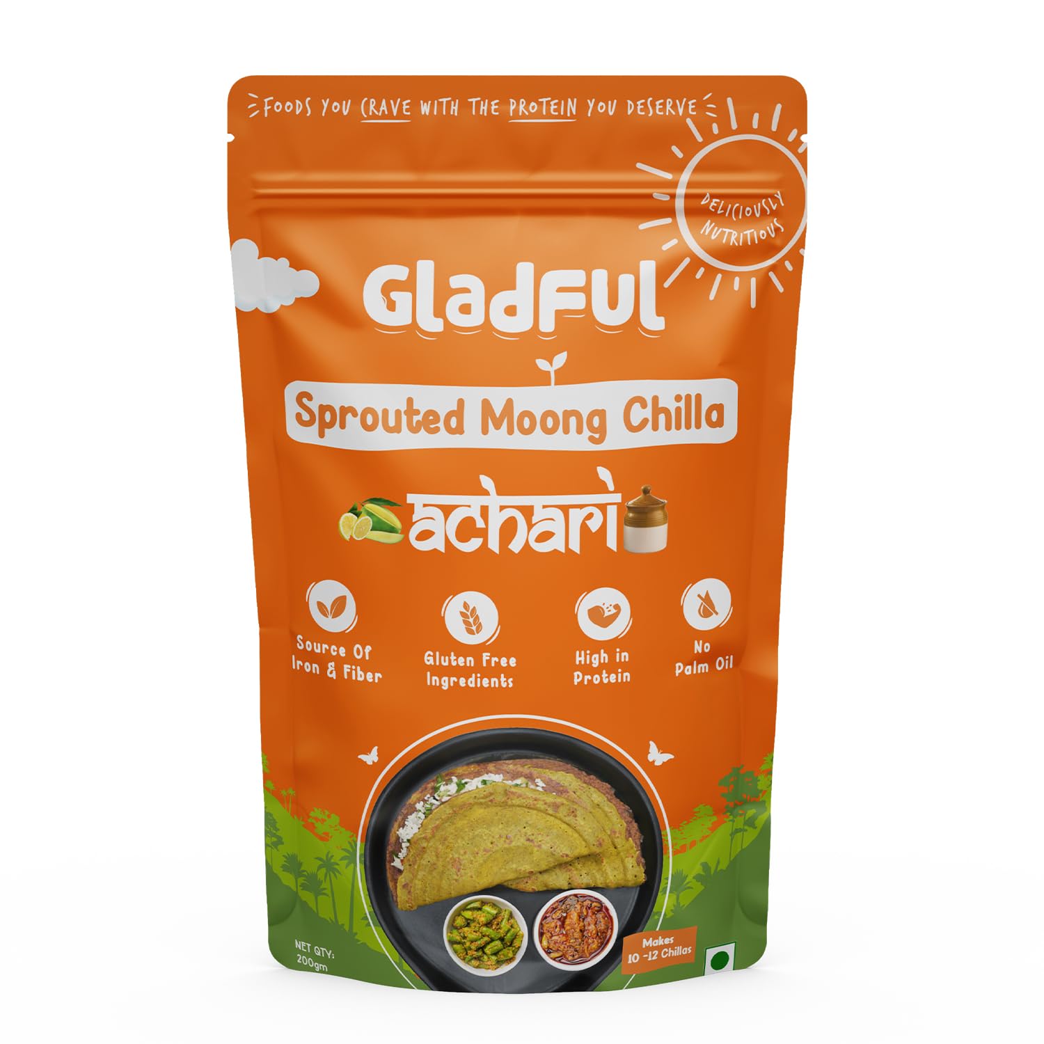 

Gladful Achari Chilla Mix - Low GI, Diabetes-Friendly & Gluten-Free - No Maida, Palm Oil & Trans-Fat - Vegan & High-Protein Chilla/Dosa Mix