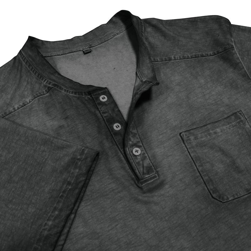 Men Black Washed Henley Neck Short Sleeve Chest Pocket Casual T Shirt