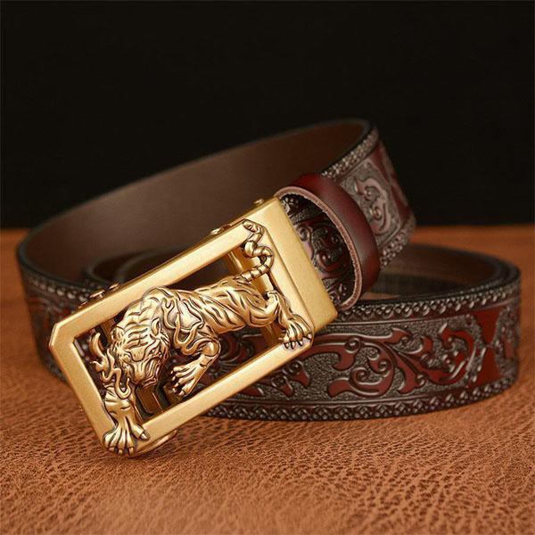 Fashion Men's Belt Leather Belt Men's Carved Floral Tiger Pattern Gold Self Buckle Belt for Jeans