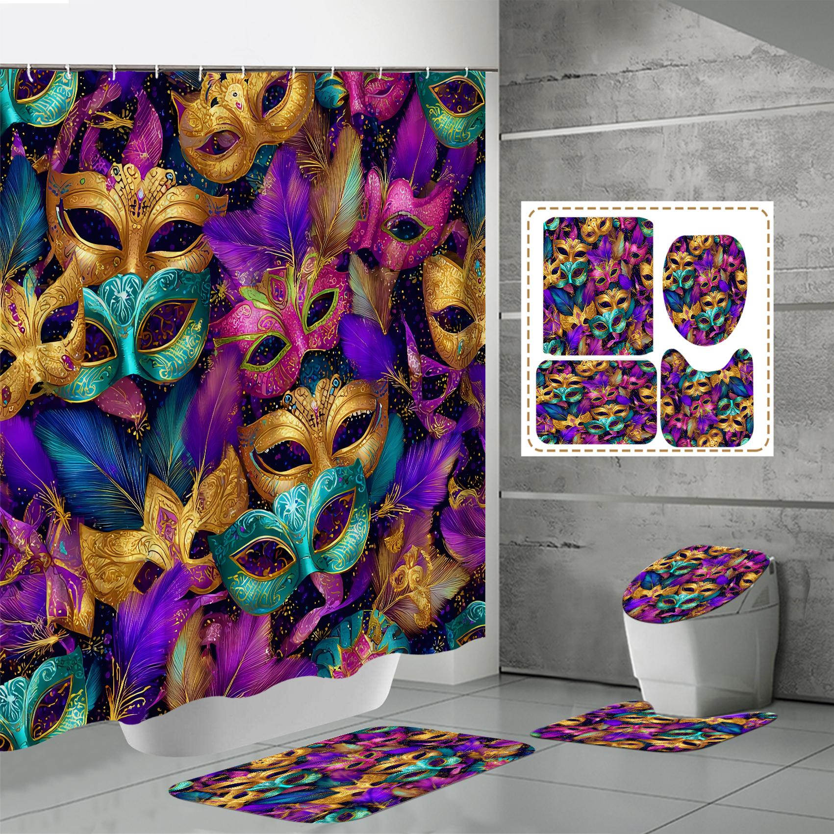 

4 ШТ. Наборы штор для душа со шторкой для душа и ковриками, коврик для крышки унитаза, U-образный коврик и коврик для ванной, набор для ванной комнаты с 12 крючками One Size