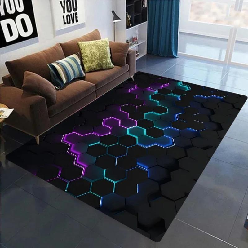 3D Geometric Carpet Neon Lights Rugs Hexagons Carpet for Home Play Gaming Room Decor Livingroom Bedroom Teens E-Sport Rug Mat