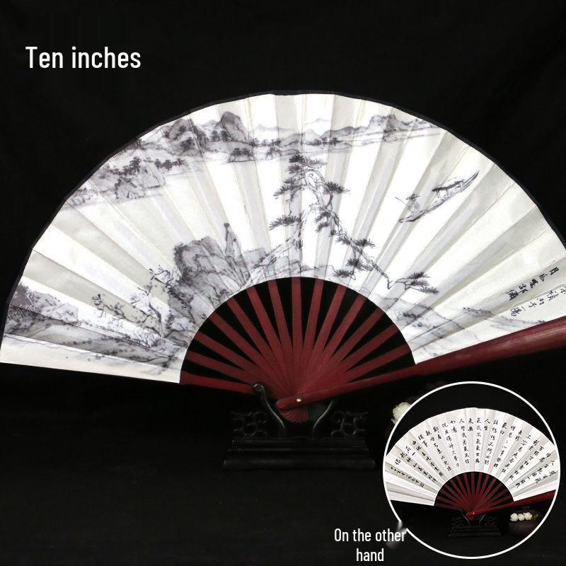 Traditional Chinese Silk Bamboo Folding Fan with Ink Landscape