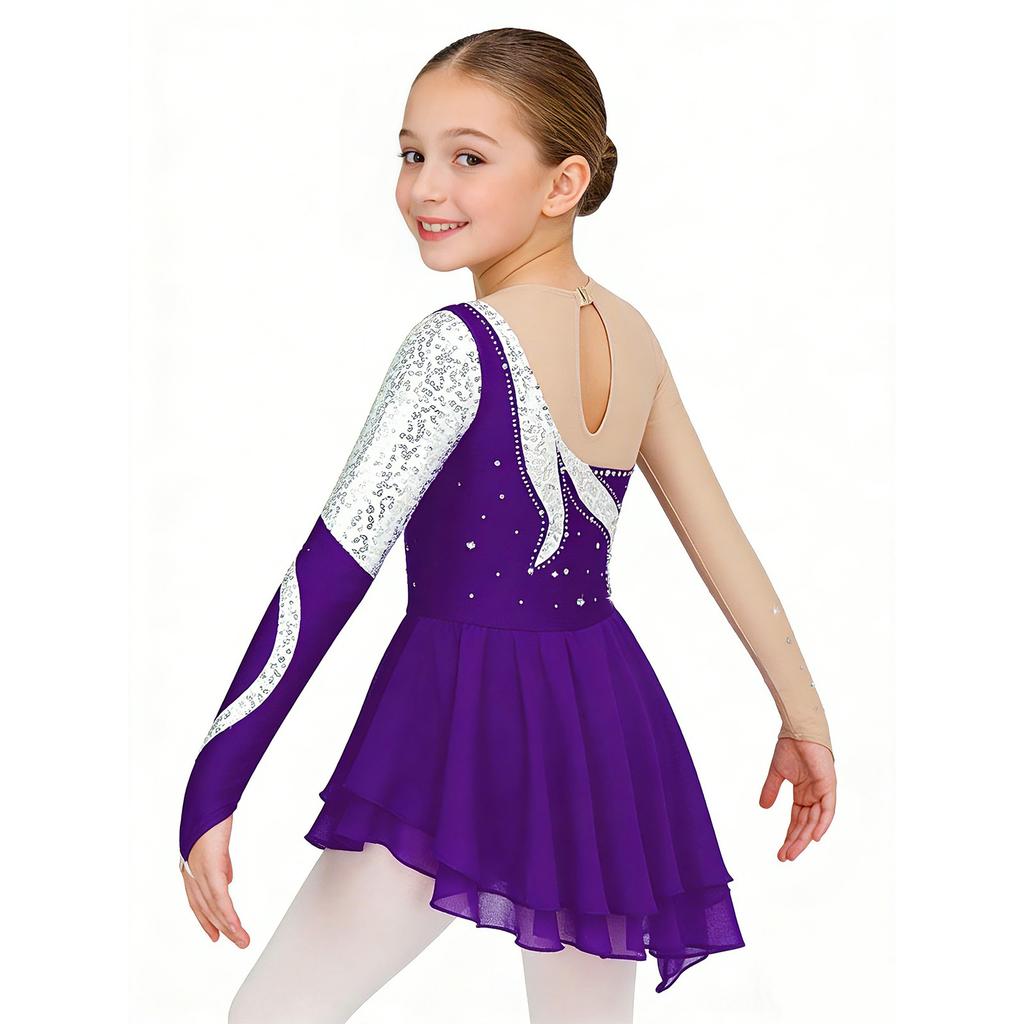 Girls Long Sleeve Dance Dress Shiny Sequins Decorated Patchwork Style Hollow Back Dresses