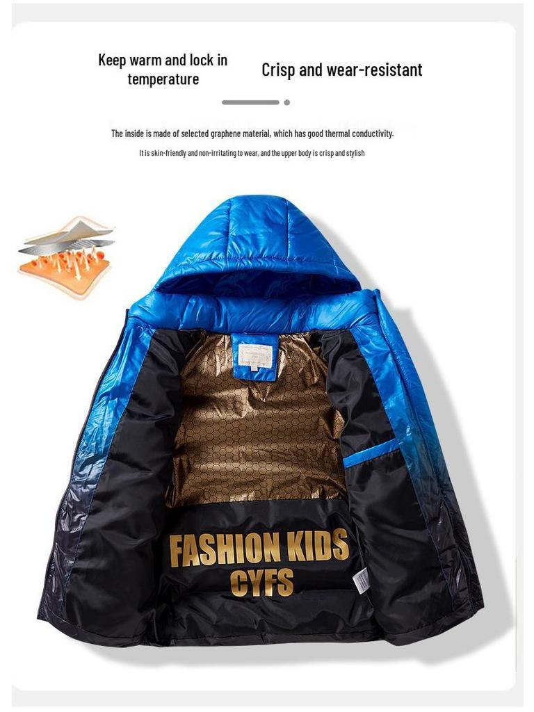 Zimní péřová bunda s kapucí pro chlapce s grafenovým ohřevem – Silný, teplý bavlněný kabát pro starší děti