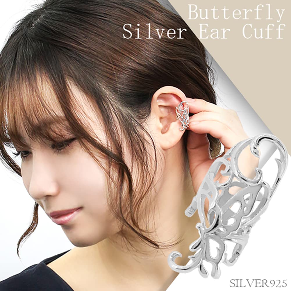 Shinjuku Gin No Kura Openwork Butterfly Long Silver Ear Cuff (1 Piece, Single Ear) for Women