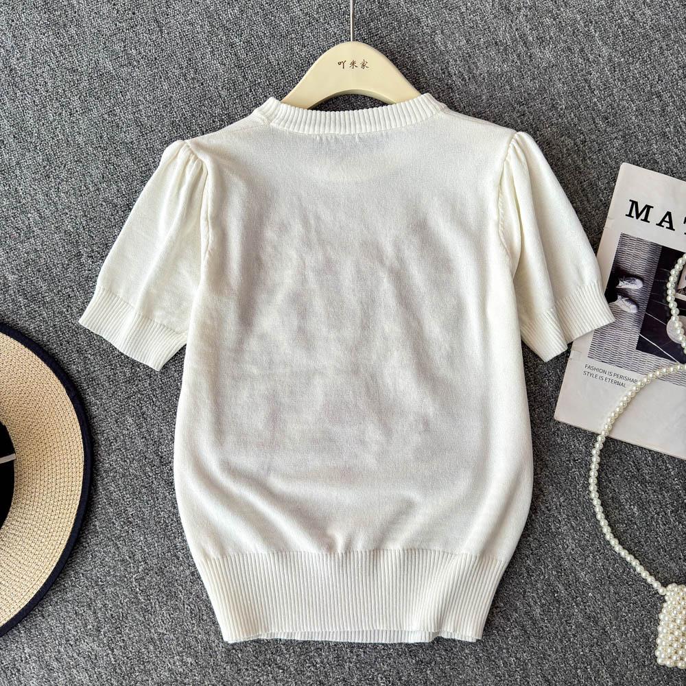 Summer Women O-neck Designer Embroidery Flower Beading Diamonds Knitted Sweater Pullover Tops Tshirt