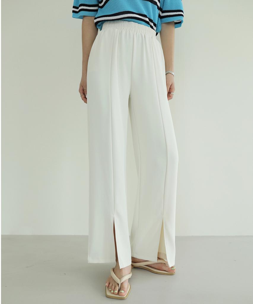 Ppaeppae Elastic Waist Slip Line Front Slit Stretch Long Straight Pants