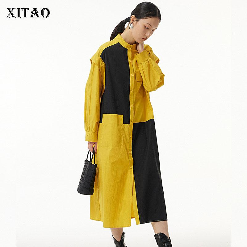 

XITAO однобортное платье модное лоскутное платье с длинными рукавами маленькое свежее элегантное плиссированное платье больших размеров GWJ2369