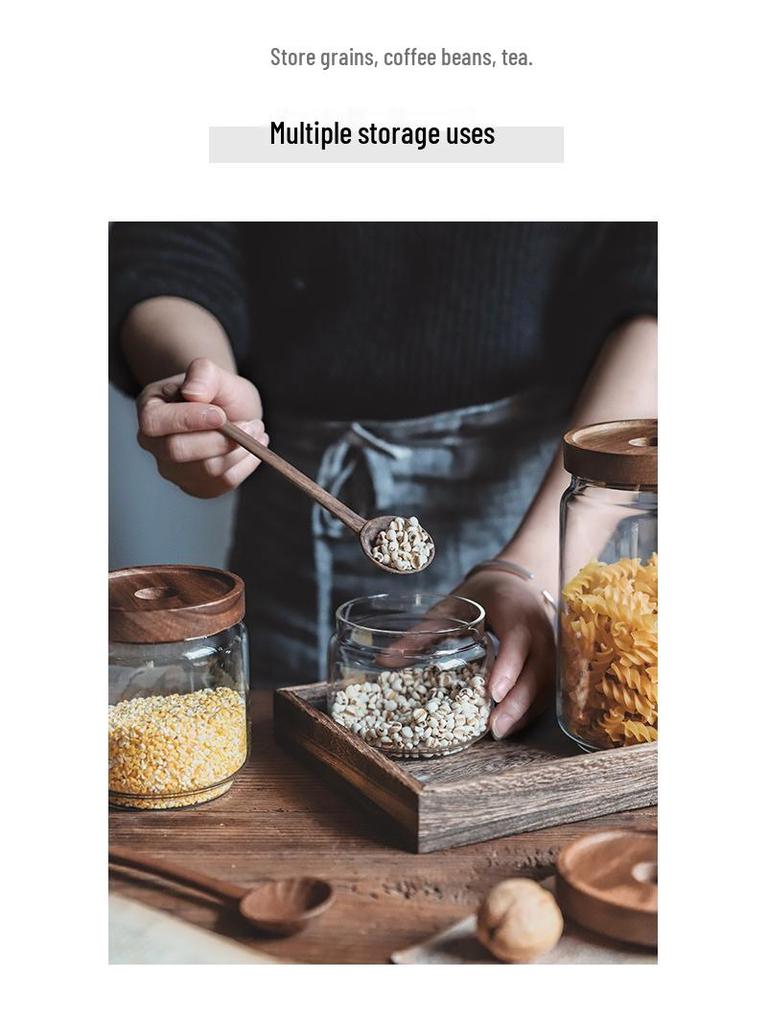 Acacia Wood-Lid Glass Jar for Coffee, Grains, Cereals, Dried Fruits, or Tea Storage