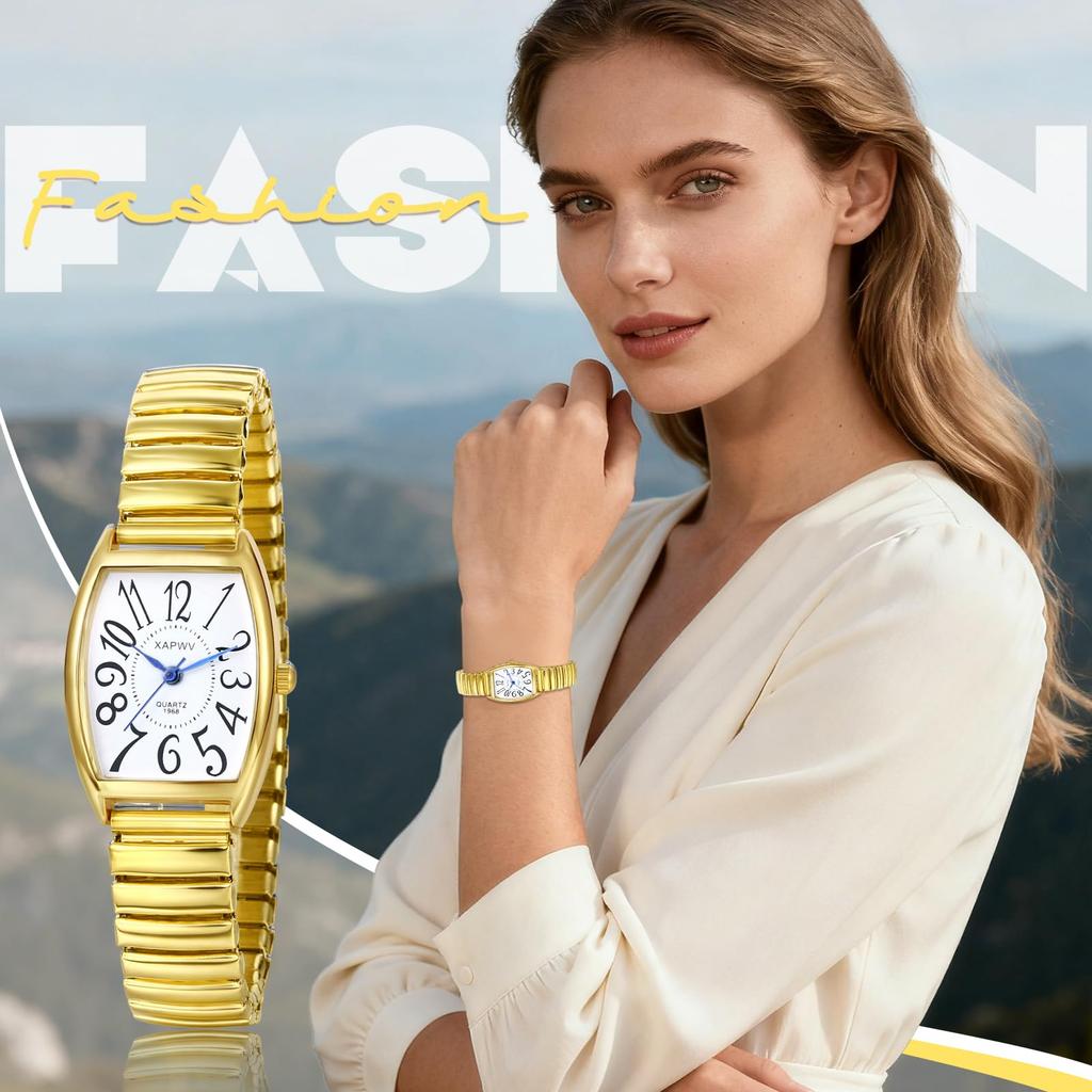 Stylish Watches with Square Analog Display and Elastic Quartz for Men and Fashionable Perfect Gift for or Your Lover Couple's Strap, Movement, Gold,