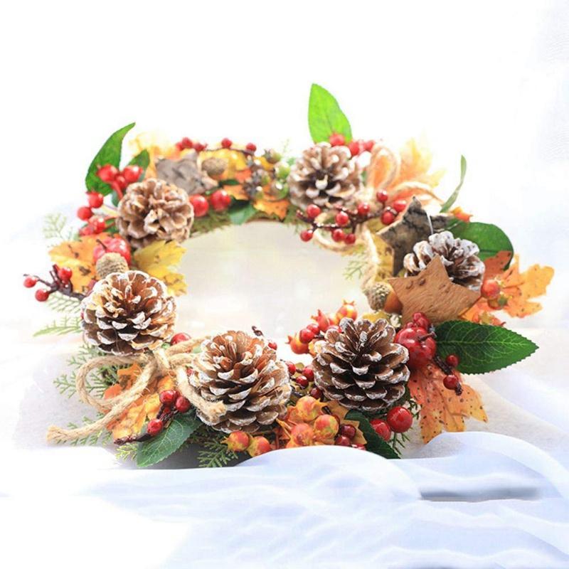 New Artificial Wreath Fall Maple Leaves Wreath with Decorative Pine Cone Red Berry Front Door Wreath Christmas Floral Rattan Garland