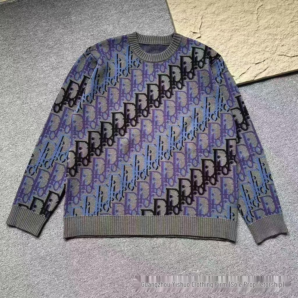 Höst/Vinter Unisex Lös Jacquardtröja med Broderat Bokstavslogotyp och Rund Hals