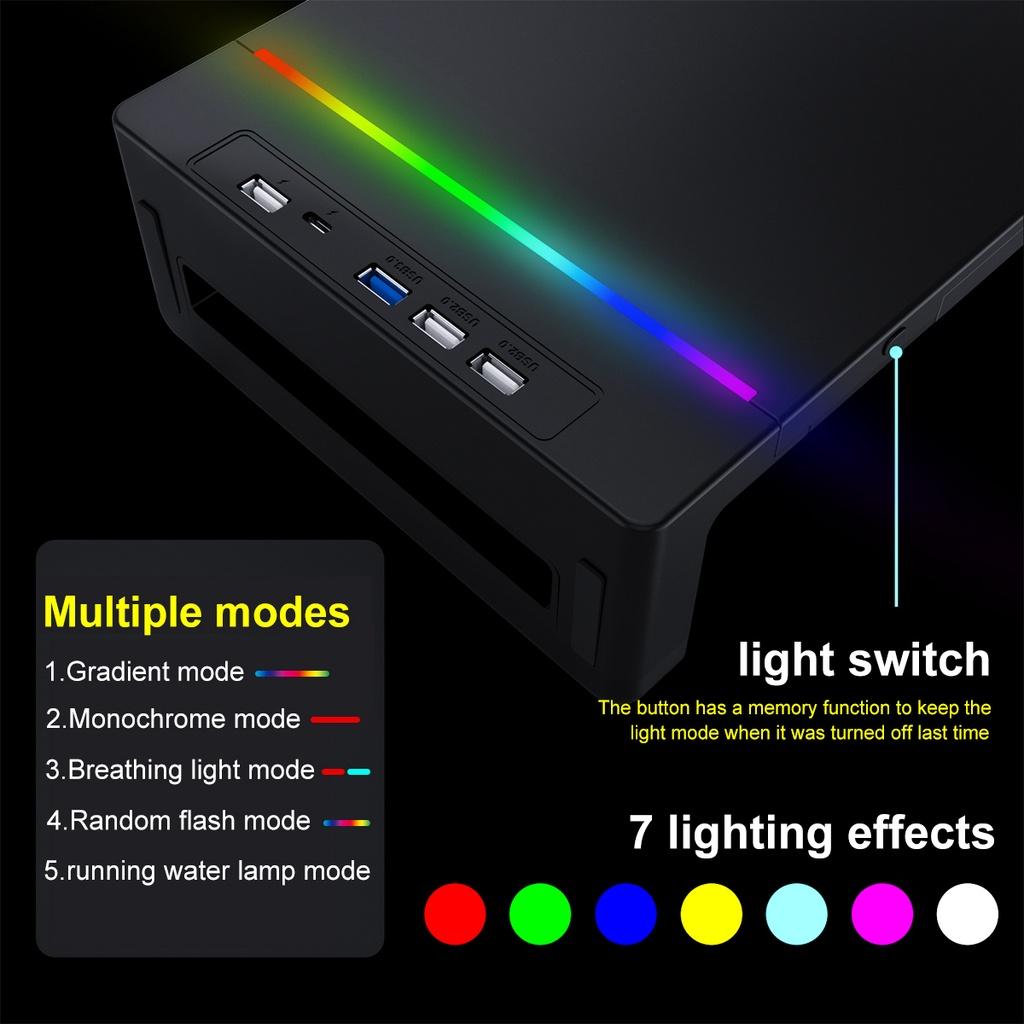 ABS RGB Monitör Standı Yükseltici Masa Desteği 3 USB3.0 Klavye Fare Saklama Rafı Ekran Rafı Şarj Kablolu Çekmeceli Telefon Tutuculu Siyah