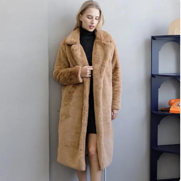 Women's Winter Warm Faux Fur Coat Thick Women's Long Coat with Turn-down Collar, Women's Warm Coat with Belt Casaco Feminino