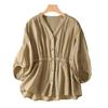 Cotton and Linen V-neck Waist Five-point Pullover Shirt Women's Loose and Thin Versatile Cotton and Linen Top Trendy