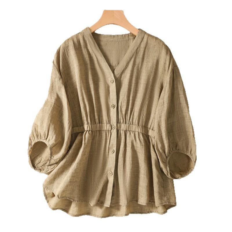 Cotton and Linen V-neck Waist Five-point Pullover Shirt Women's Loose and Thin Versatile Cotton and Linen Top Trendy