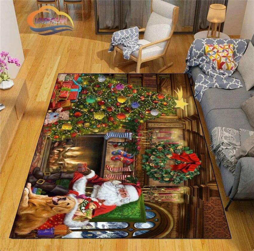Christmas Rug Santa Playroom and Bedroom Plush Carpet Non-slip Soft Play Mat Bed Area Rug Parlor Decor