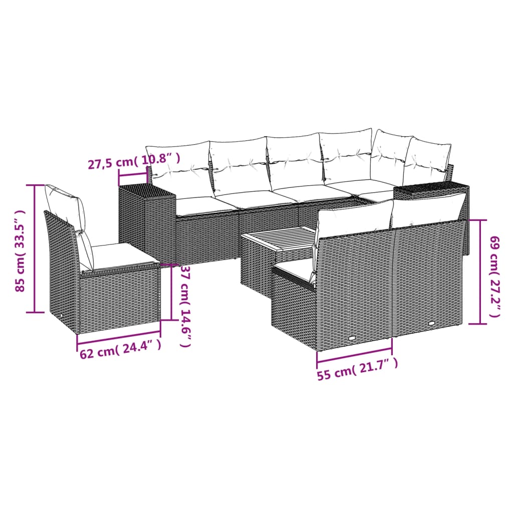 Vidaxl 9-Cz. Garden Furniture Set With Cushions, Grey, Poly Rattan
