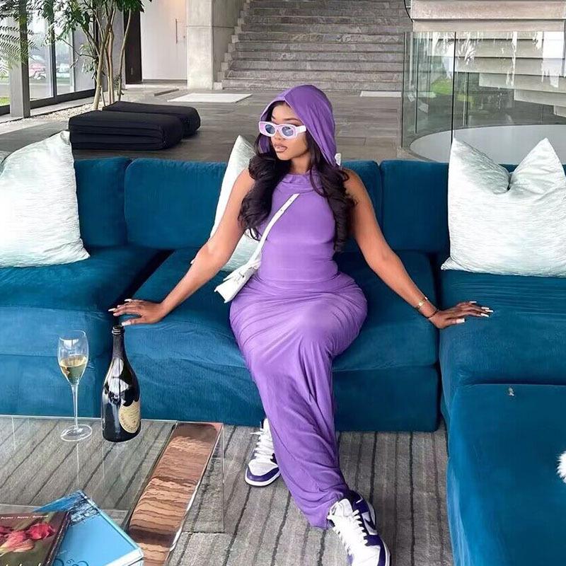European & American Style 2023 Summer Women's Solid Color Hooded Sleeveless Slit Dress