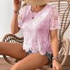 T-shirt Casual Elegante alla Moda Nuovi Stili Estivi con Scollo Tondo in Pizzo Aperta Davanti a Maniche Corte
