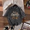 Women's Cherry Print Fashion Casual Old Washed T-Shirt Stone Washed Dark Grey Round Neck T-shirt, Leopard Print Cherry Letter Graphic Loose