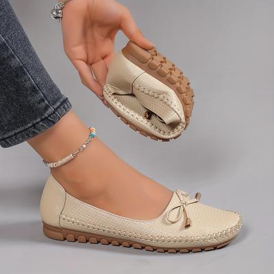 Solid Color Bow Flat Women's Shoes, Soft Sole Loafers, Casual Lightweight Comfortable Fashionable Shoes