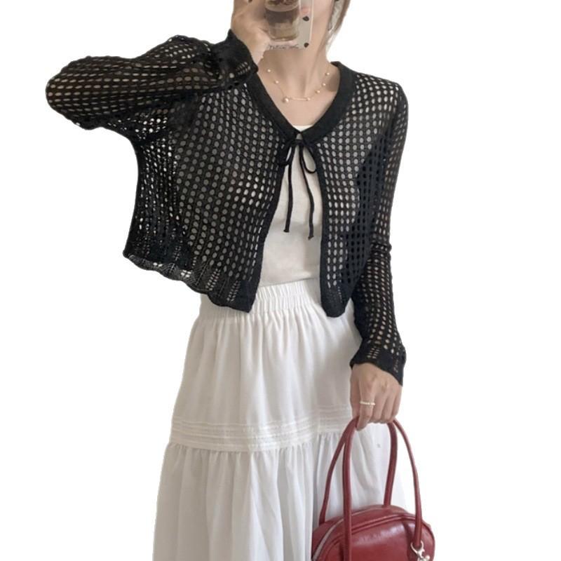 1116 spring and summer new Korean version hollow sunscreen short knitted cardigan versatile and thin lace-up shawl top women