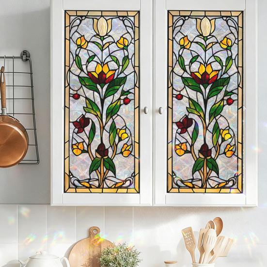 Vintage Window Privacy Film Geometric Stained Glass Flower Decorative Frosted Static Cling Reusable UV Sun Blocking Glass Sticker