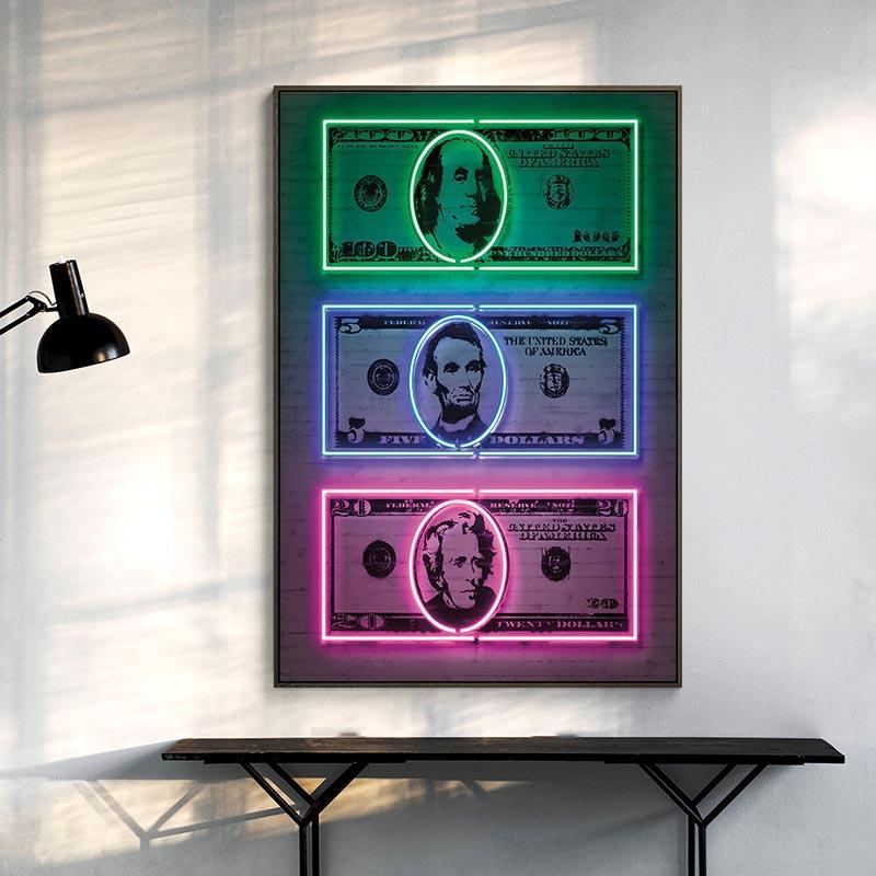 Neon Money Canvas Art Paintings Money Art Dollar Sign Print Poster Pop Street Decorative Pictures Home Office Murals Unframed