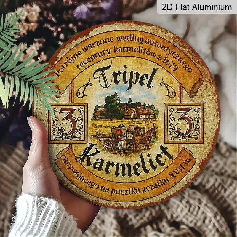2D Flat, 1pc Vintage Polish Tripel Karmelit Beer Sign - Round Aluminum Metal Wall Art Plaque with Polish Text and Beer Brand, Rustic Farmhouse Decor