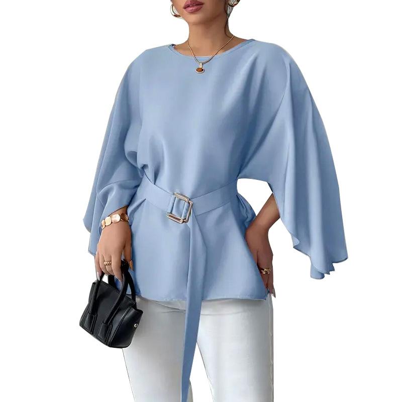 2025 New Autumn Style Elegant Solid Color Shirt Shirt Bell Mid-sleeve Women's Clothing