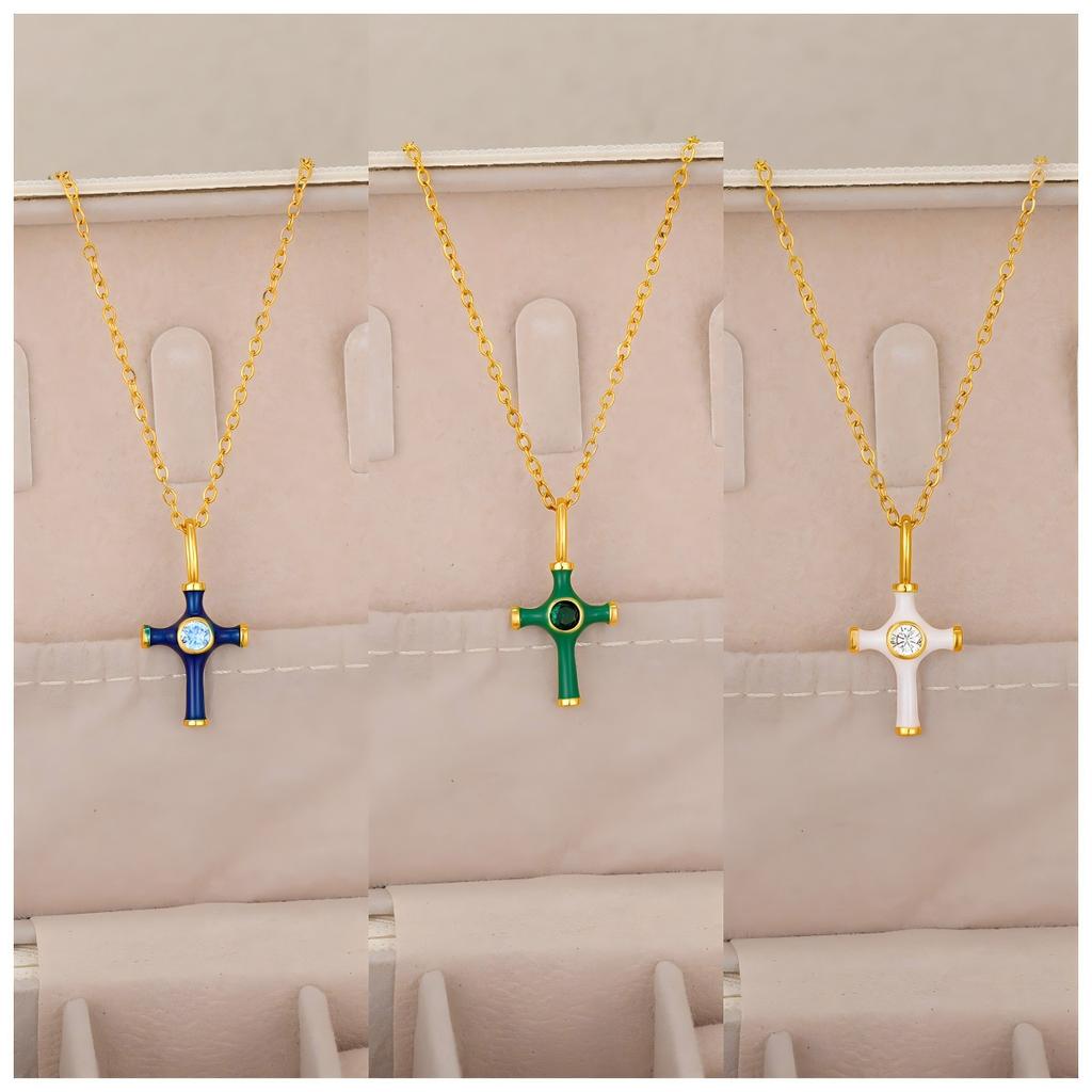 Color Oil Dripping Cross Necklace Stainless Steel Necklace Light Luxury Inlaid Zircon Niche Personalized Jewelry