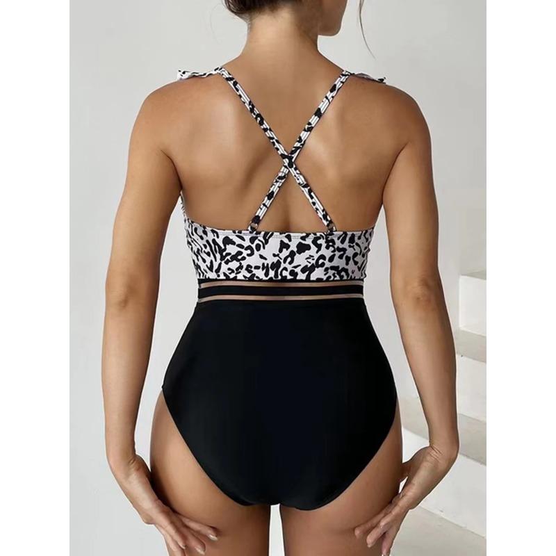 Leopard Ruffle  One Piece Swimsuit Women 2025 High Waist Mesh Tape Swimwear Female Beachwear V-neck Bathing Swimming Suit Summer