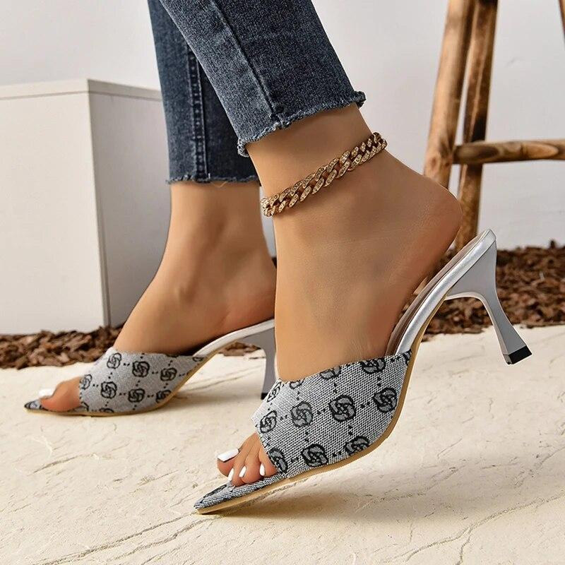 Design High Heels Sandals Women Summer Flower Print Thin Heeled Pumps Woman Pointed Toe Party Shoes
