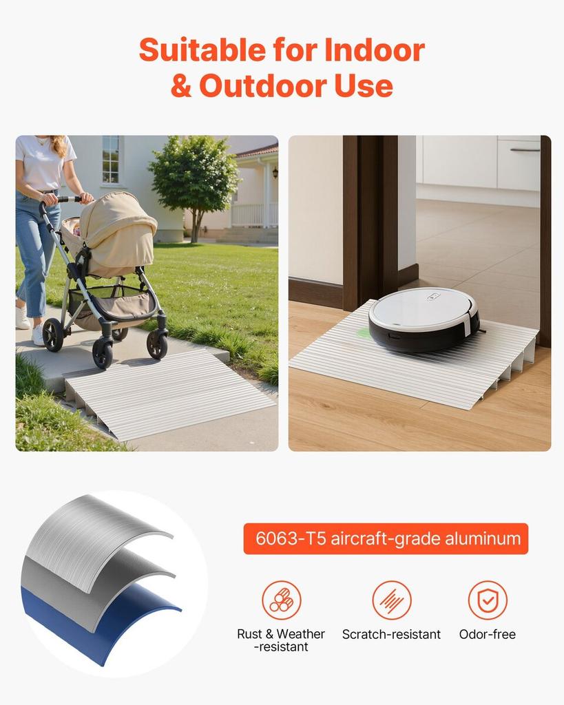 Door Threshold Ramp, 138 mm Rise, Aluminum Alloy Threshold Ramp Rated 363 kg Load Capacity, Handicap Ramps for Home Steps for Wheelchair, Scooters,