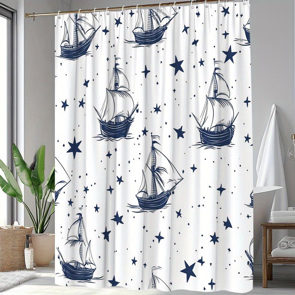 1Pc Nautical Star Pattern Shower Curtain, 70. 8X70. 8 Inches, Polyester Fabric, Bathroom Decor, Includes 12 Hooks