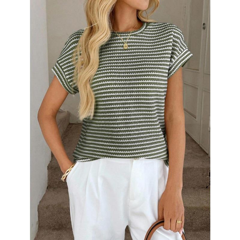 Summer New Women's Round Neck Pullover Two-color Knitted Short-sleeved Top