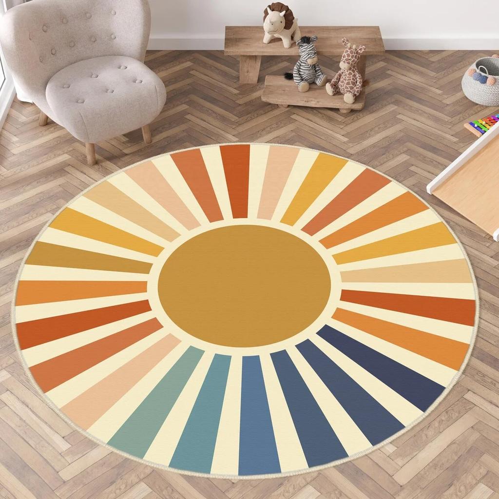 Cute Sun Face Play Mat Round Soft Nursery Floor Rug for Baby Kids Playroom Area Decor