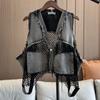 Damen Frühling/Sommer Streetwear Denim Weste mit Netz Einsätzen, Gewaschene Distressed Kurze Jacke