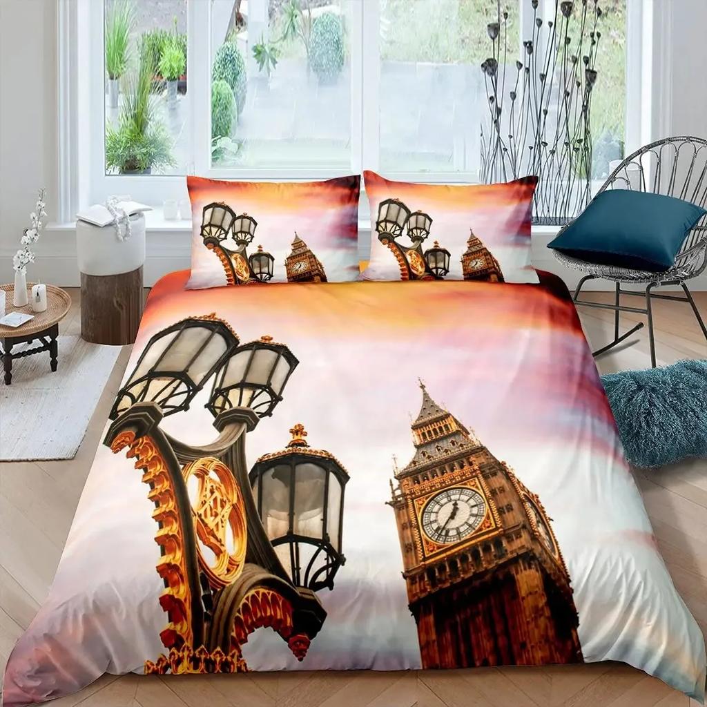 Big Ben Comforter Cover Boys Famous Telephone Booth Bedding Set for Teens Retro London Cityscape Duvet Cover Set with Pillowcase