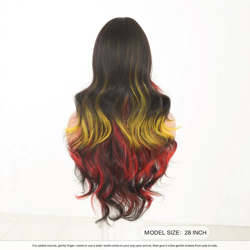 Colorful Highlighted Long Curly Wig 28 Inch Black Red Gold Curtain Bangs Festival Party Synthetic Full Cap Wig for Women