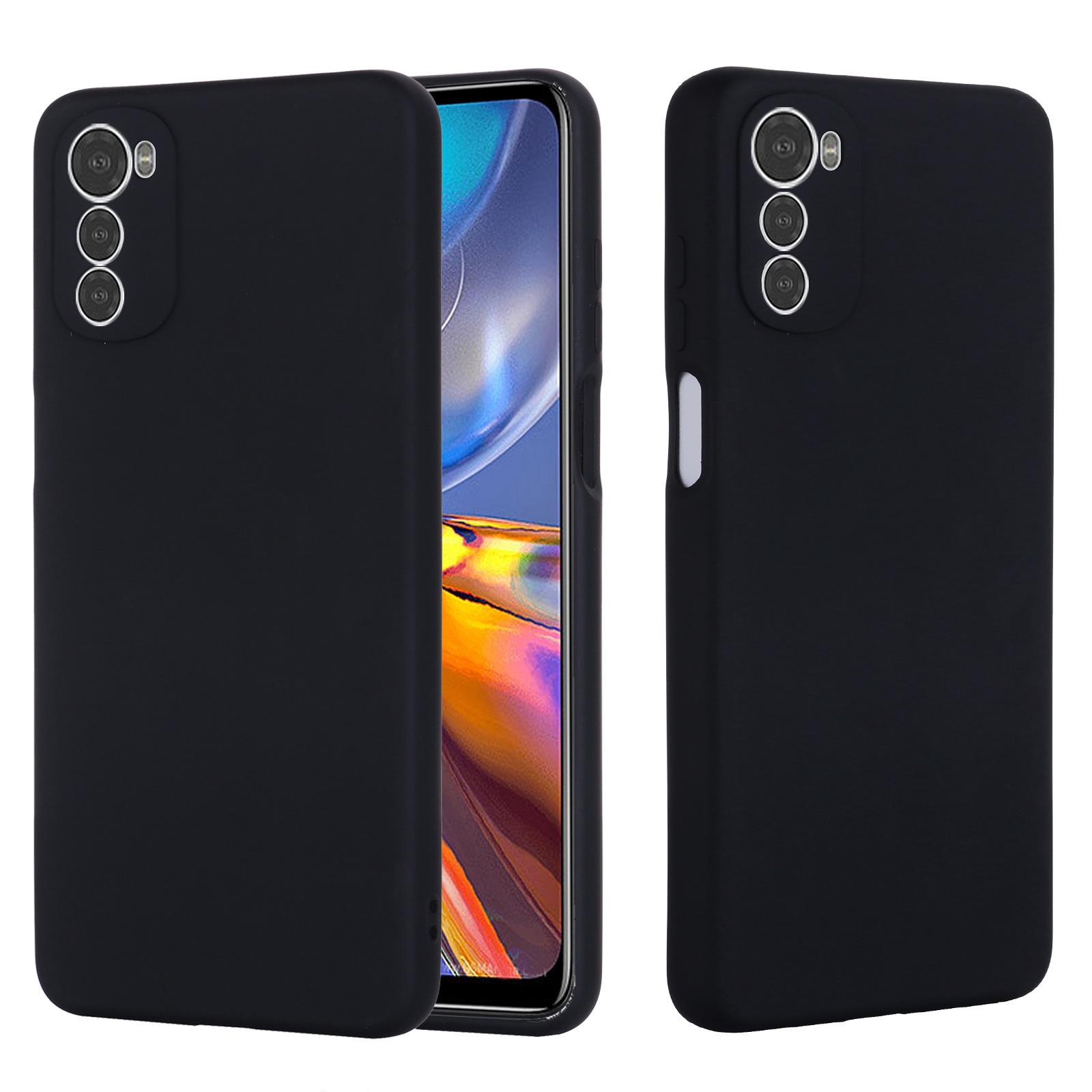 

For Motorola Moto E32 4G Liquid Silicone Phone Case Soft Microfiber Lining Camera Protection Cover with Strap Black