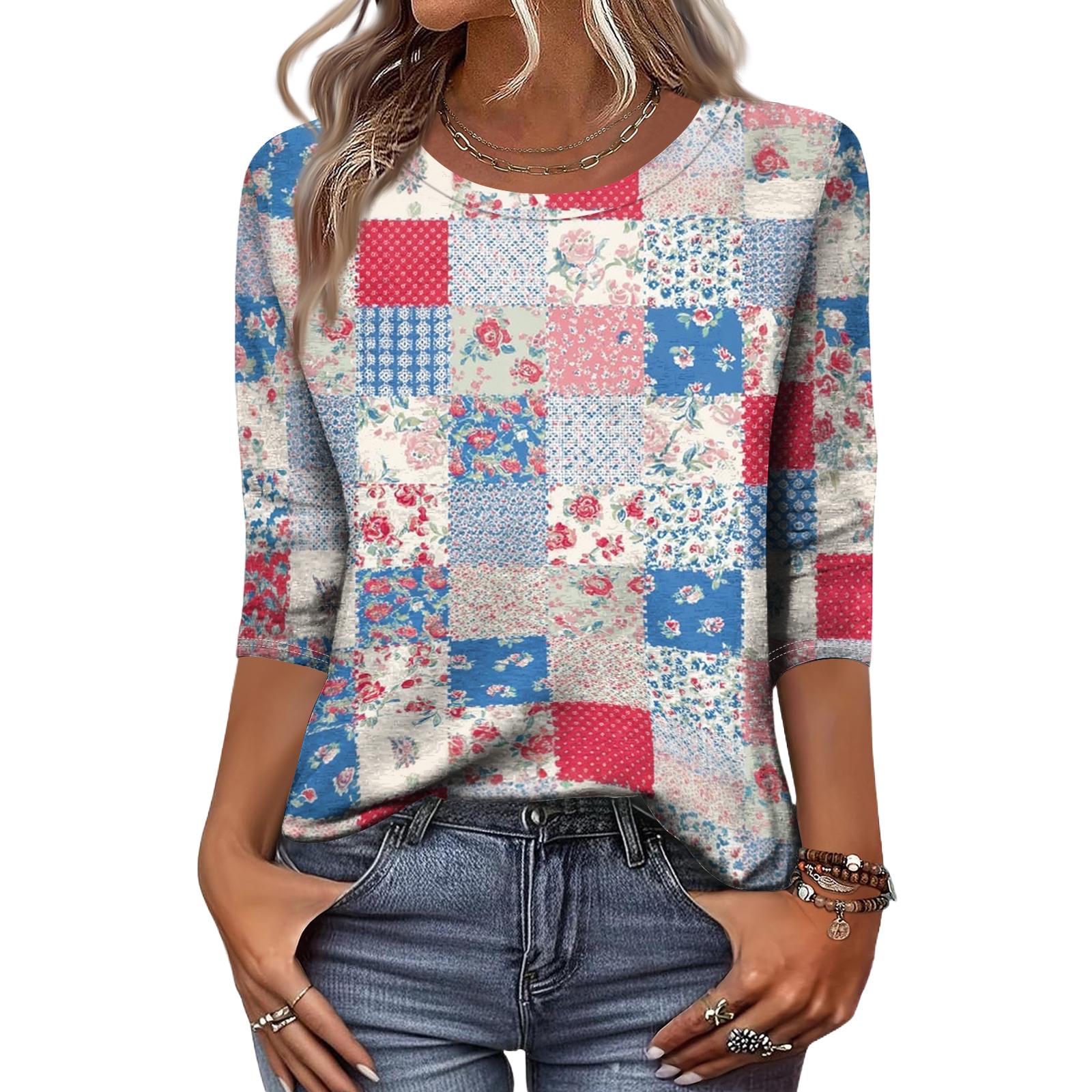 Long Sleeve Shirts for Women Patchwork Floral Print Womens Long Sleeve Tops Casual Crewneck Long Sleeve T Shirt Women for Daily Wear S синий