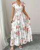 Women's Floral Print Maxi Dress V Neck Ruffle Sleeve Elastic Waist Summer Beach Dress Casual Vacation Dress