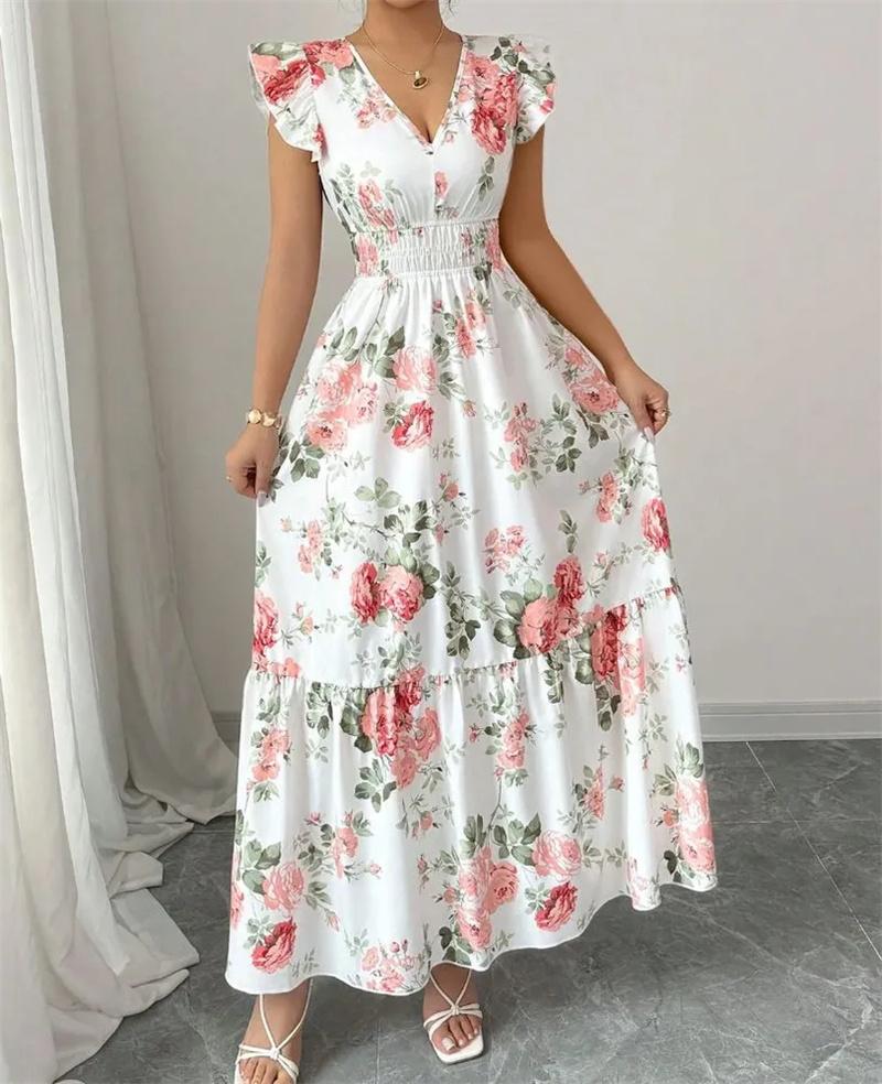 Women's Floral Print Maxi Dress V Neck Ruffle Sleeve Elastic Waist Summer Beach Dress Casual Vacation Dress