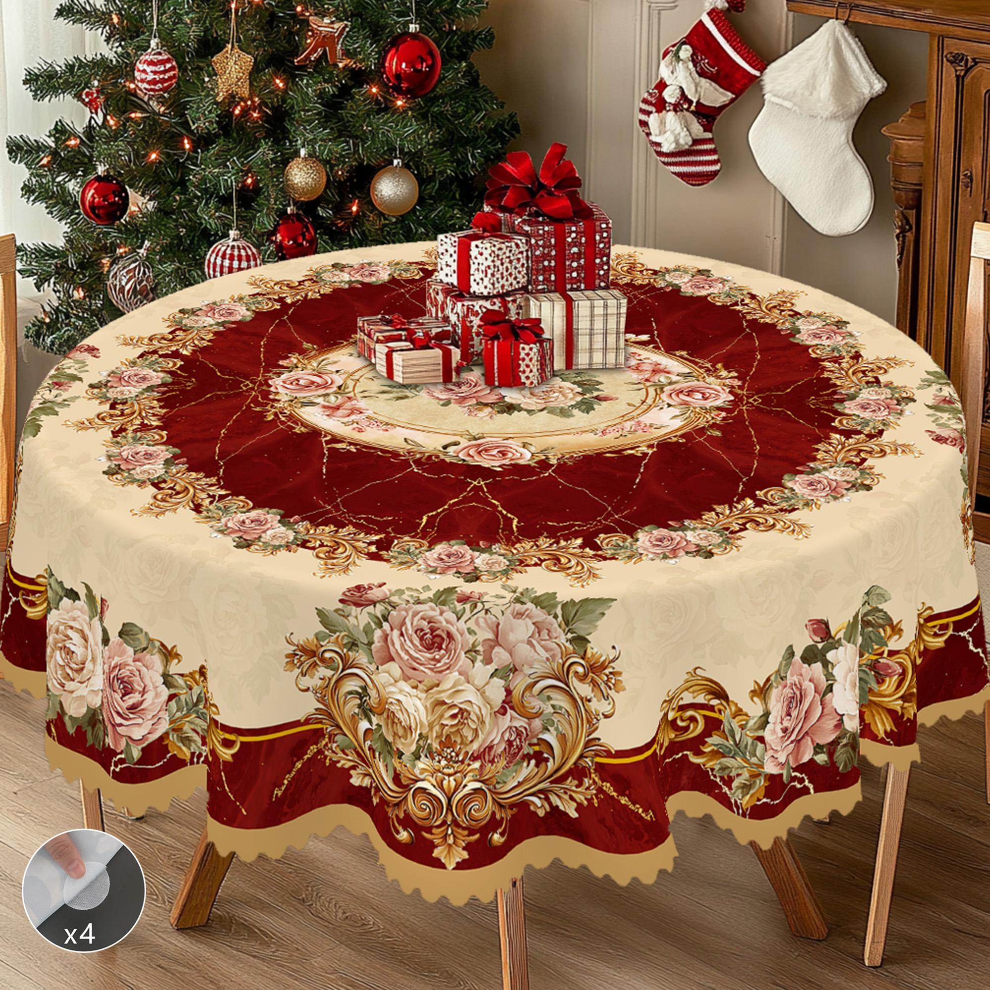 Kerst Vintage Boerderij Tafelkleed met Kerstman, rendieren & Kerstboom prints. Rechthoekige & ronde maten voor Kerst/Nieuwjaarsfeesten, keuken, binnen & Round(180)cm
