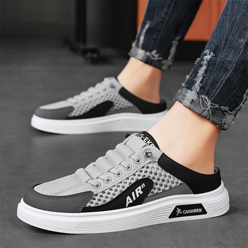 

Summer men s shoes mesh breathable model without heel sleeve half tray fashion flat lazy board shoes men s young white shoes 44 сірий колір
