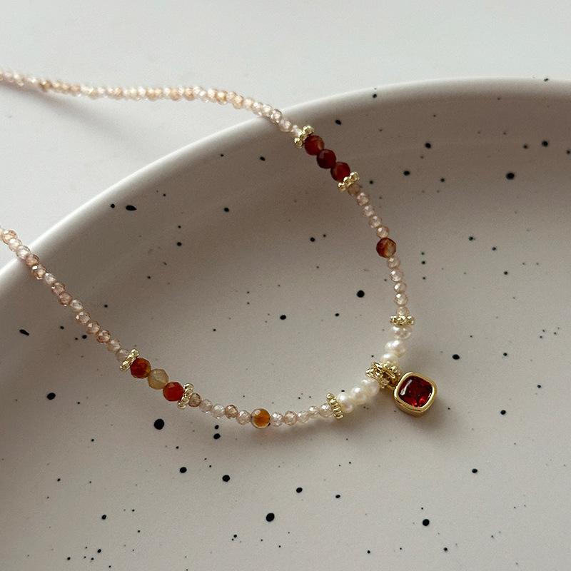 Freshwater Pearl Pink Zircon Beaded Necklace Accessories Niche Temperament Fashion Red Square Pendant Collarbone Neck Chain